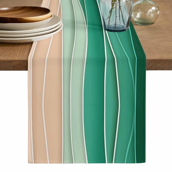 Geometric Green Table Runner, Ocean Wave Stripes Modern Abstract Beach Washable Cotton Linen Table Runners 48 Inches Long, Dresser Scarf Runner for Nightstand/Coffee/End Tables 13''x48''