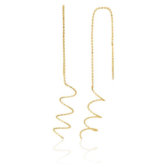 14K Solid Yellow Gold Spiral Threader Drop Dangle Earrings