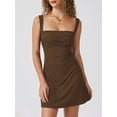 thumbnail image 6 of Womens Mini Square Neck Fitted Going Out Ruched Dresses Summer Party Club Bodycon Short Dress Dark Brown L, 6 of 8