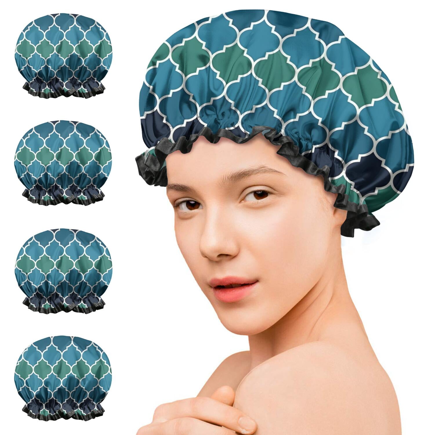 Shower Caps,Blue Green Checkered Pattern Waterproof Shower Cap for Women 4 Pieces,Double Reusable Hair Cover for Shower PEVA Elastic Stretch Hem