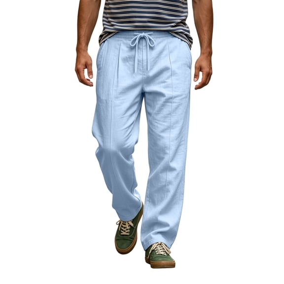Ohufall Linen Pant for Men Solid Color Straight Leg Beach Casual Pants Lightweight Drawstring Elastic Waist Pants