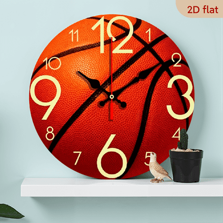 A 10-inch 2D flat wooden round wall clock, themed Orange basketball. Suitable for bedroom, living room, office decoration. Can be a gift for various festivals.