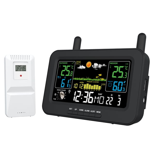 Riwcyla Weather Stations Wireless Indoor Thermometers LCD Color Display Temperature Humidity with Sensor Weather Thermometer Forecast Station with Clock / Adjustable Backlight / Forecast / Data /