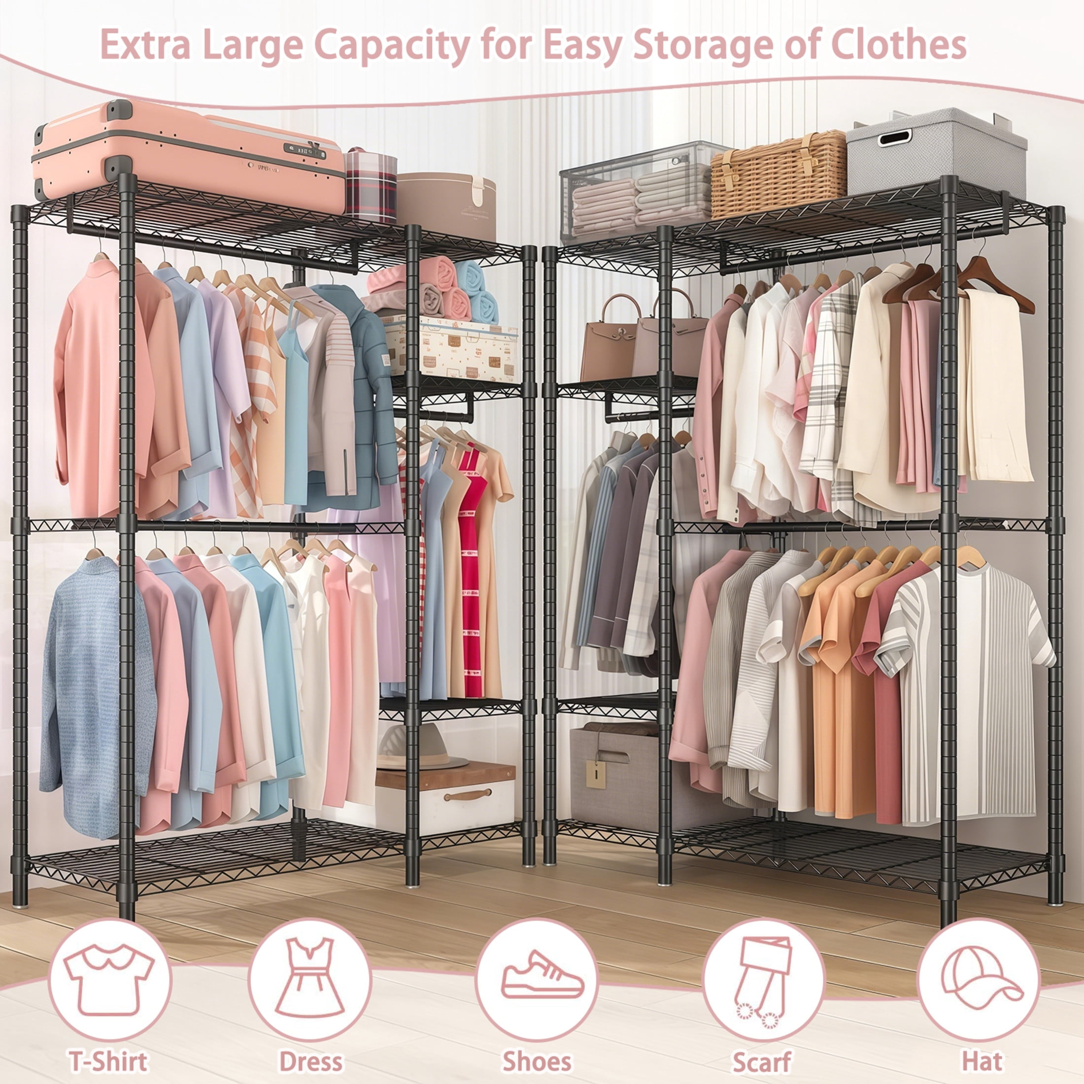 Noble House 76" Heavy-Duty Clothes Rack, Carbon Steel Freestanding Closet Organizer, Adjustable Wire Shelves, Black