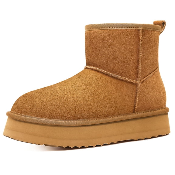 Crestar Platform Mini Boots for Women, Genuine Suede Fuzzy Ankle Snow Boots with Fur Lined, Chestnut