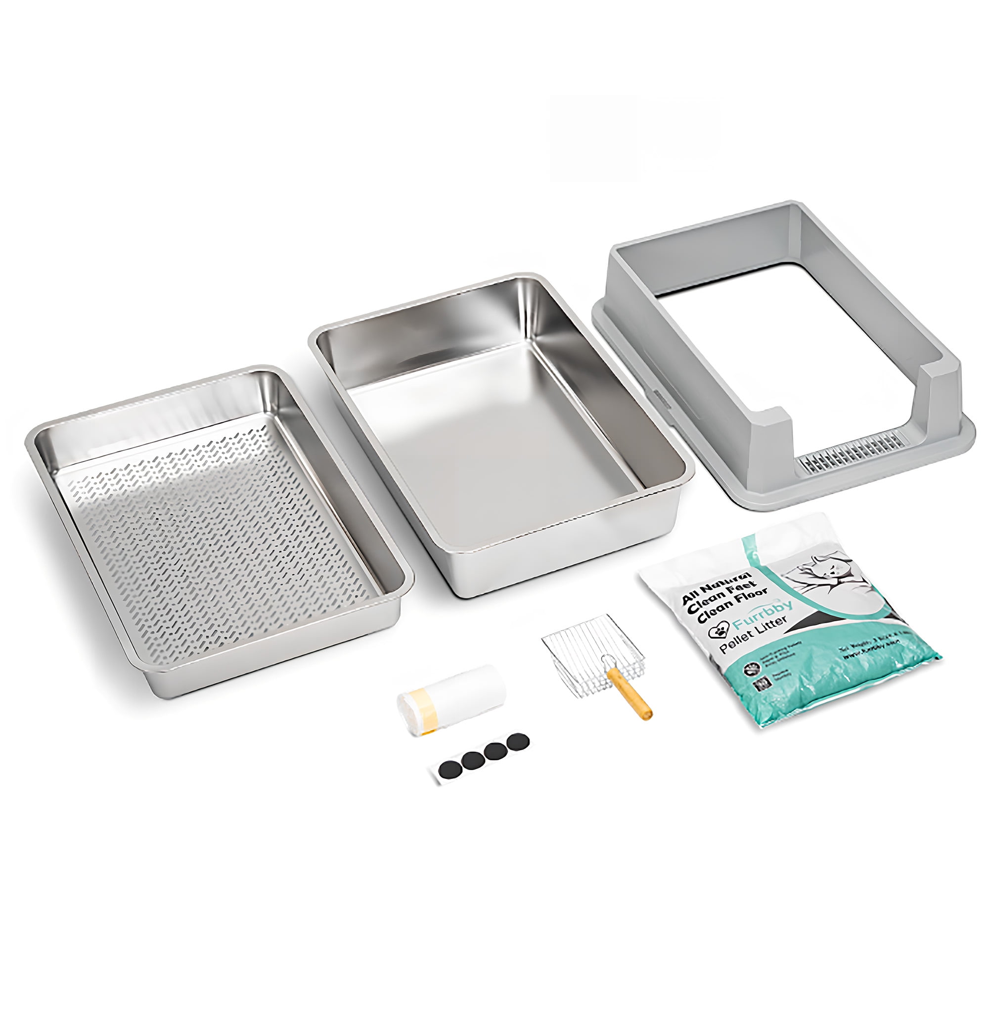 Furrbby XXL Stainless Steel Cat Litter Box with Lid for Pine Pellet, High Side with Scooper, Extra Large Litter Box for Cat, Odor Control, Easy Clean, 27.6*19.7 inch, Gray