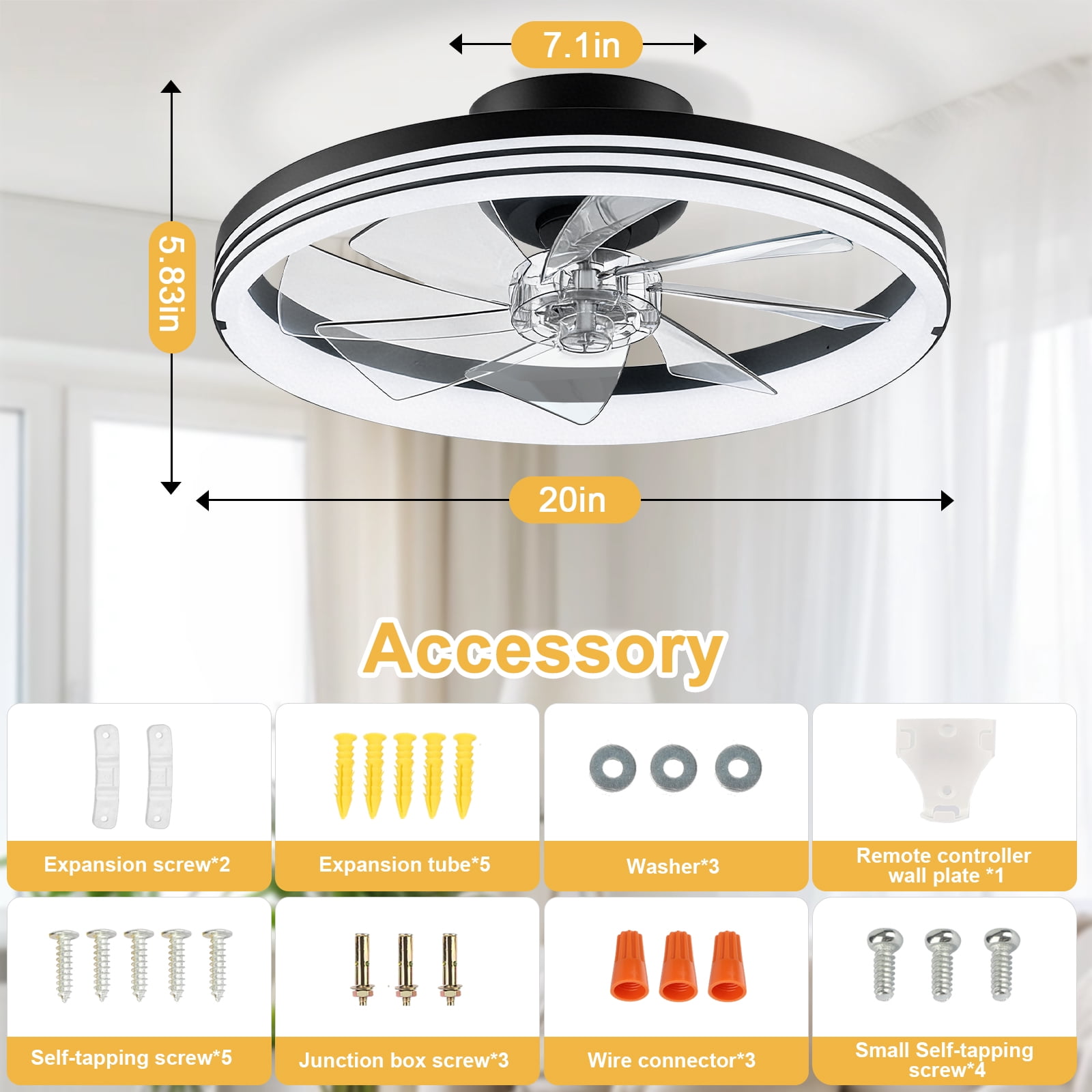 Ceiling Fan with Light, 20" Modern Low Profile Foldable Ceiling Fans with 6 Wind Speeds, Dimmable Smart Ceiling Fan Light with Remote