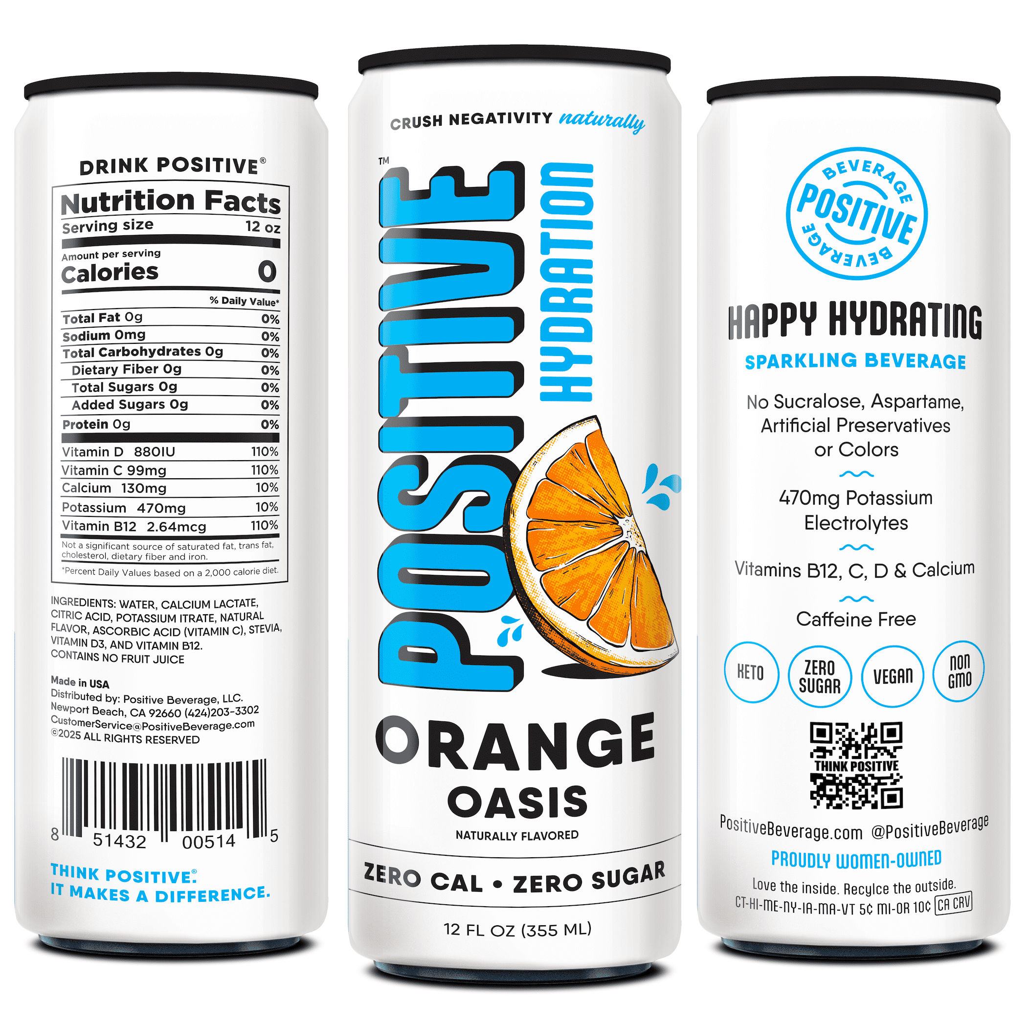 Positive Hydration Orange Oasis | 12-oz Cans (12-Pack) | Zero-Calorie Electrolyte Drink with Essential Vitamins, Calcium, and Hydration Support