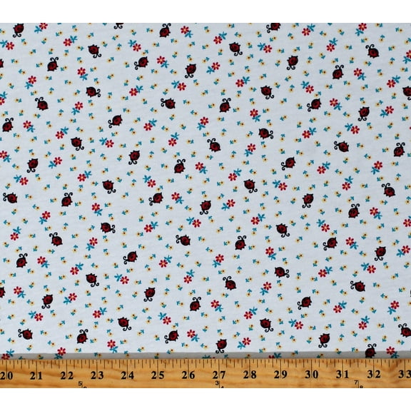 Cotton Blend Knit Ladybugs and Flowers Kids White 58" Wide Cotton/Polyester Fabric by the Yard (1304F-4F-ladybug)