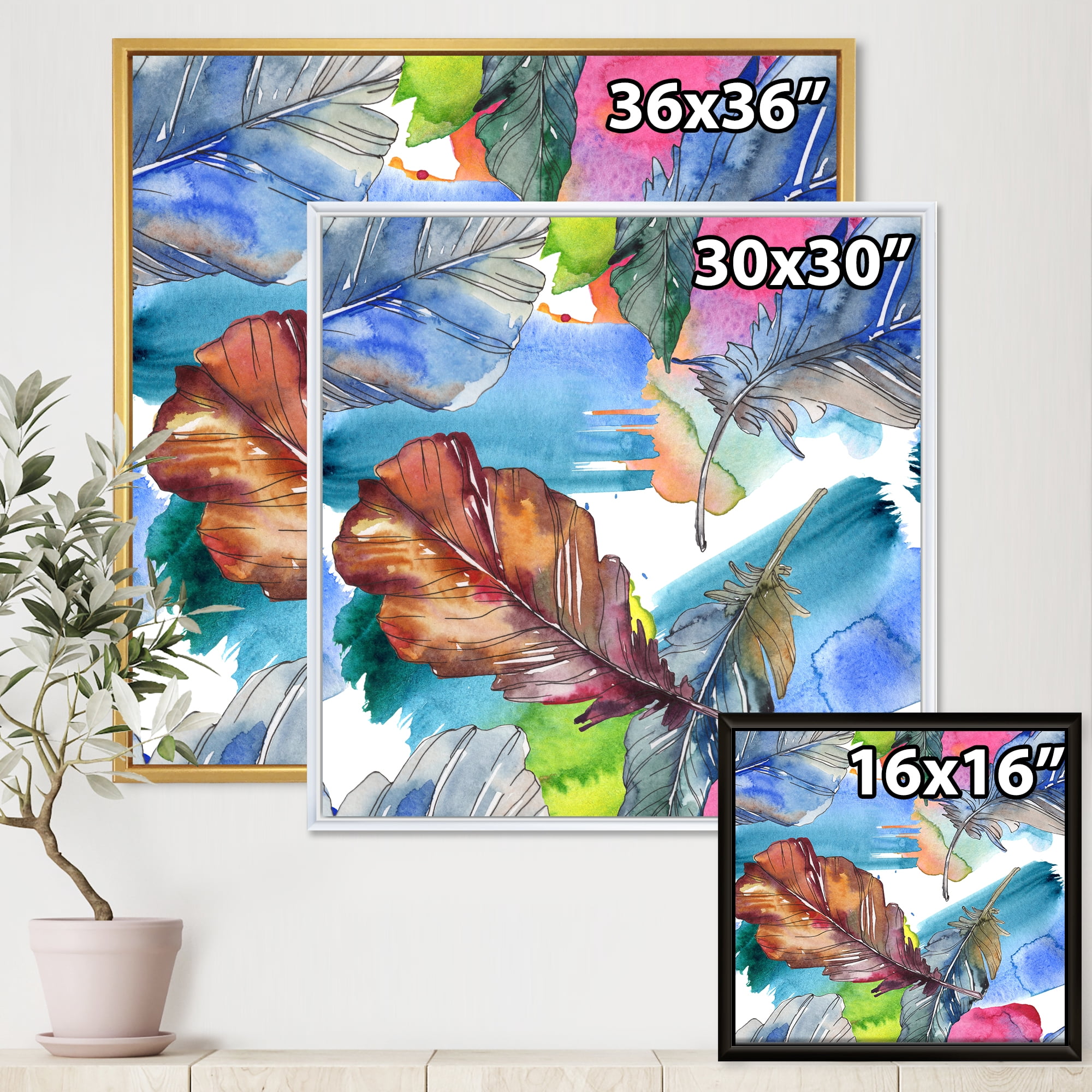 Bird Feather In Pink and Blue 30 in x 30 in Framed Painting Canvas Art Print, by Designart