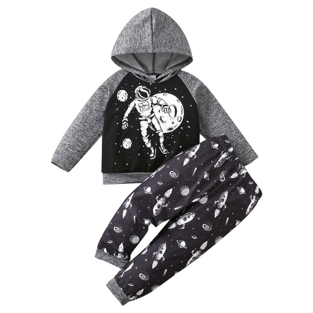 Gibobby Conjunto de pantalones para niños Conjunto de ropa deportiva informal de dos piezas con estampado de astronauta espacial de animados para niños pequeños(Negro,4-5 Años )