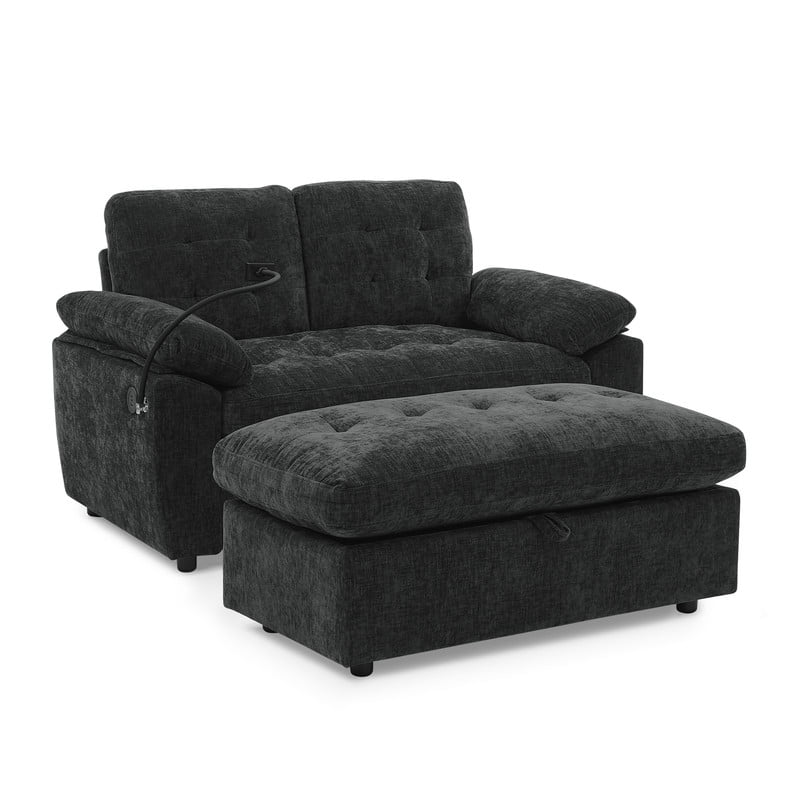 Double Sofa Recliner with Storage Ottoman, Manual Adjustable Reclining Loveseat with USB Charging Port, Phone Stand, and Soft Padded Armrests for Living Room, Apartment, and Home Theater