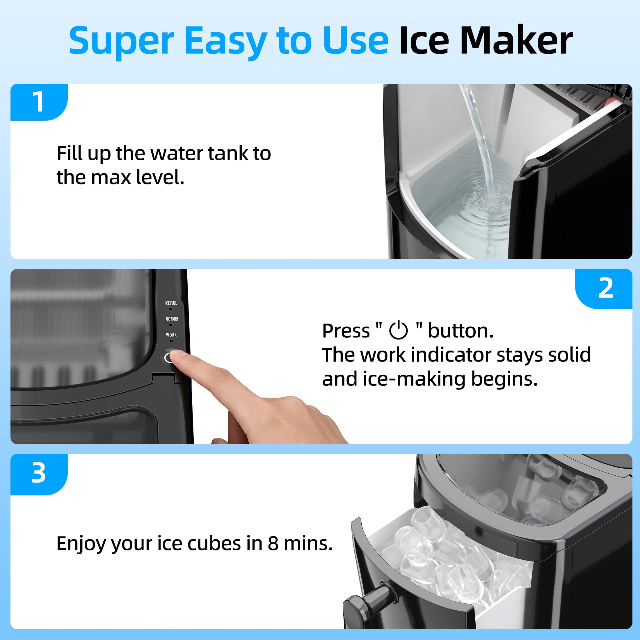 Auseo 18 lbs/24H Countertop Ice Maker Machine,  6 Bullet-Shaped Ice in 6 Min, Auto-Cleaning, Black