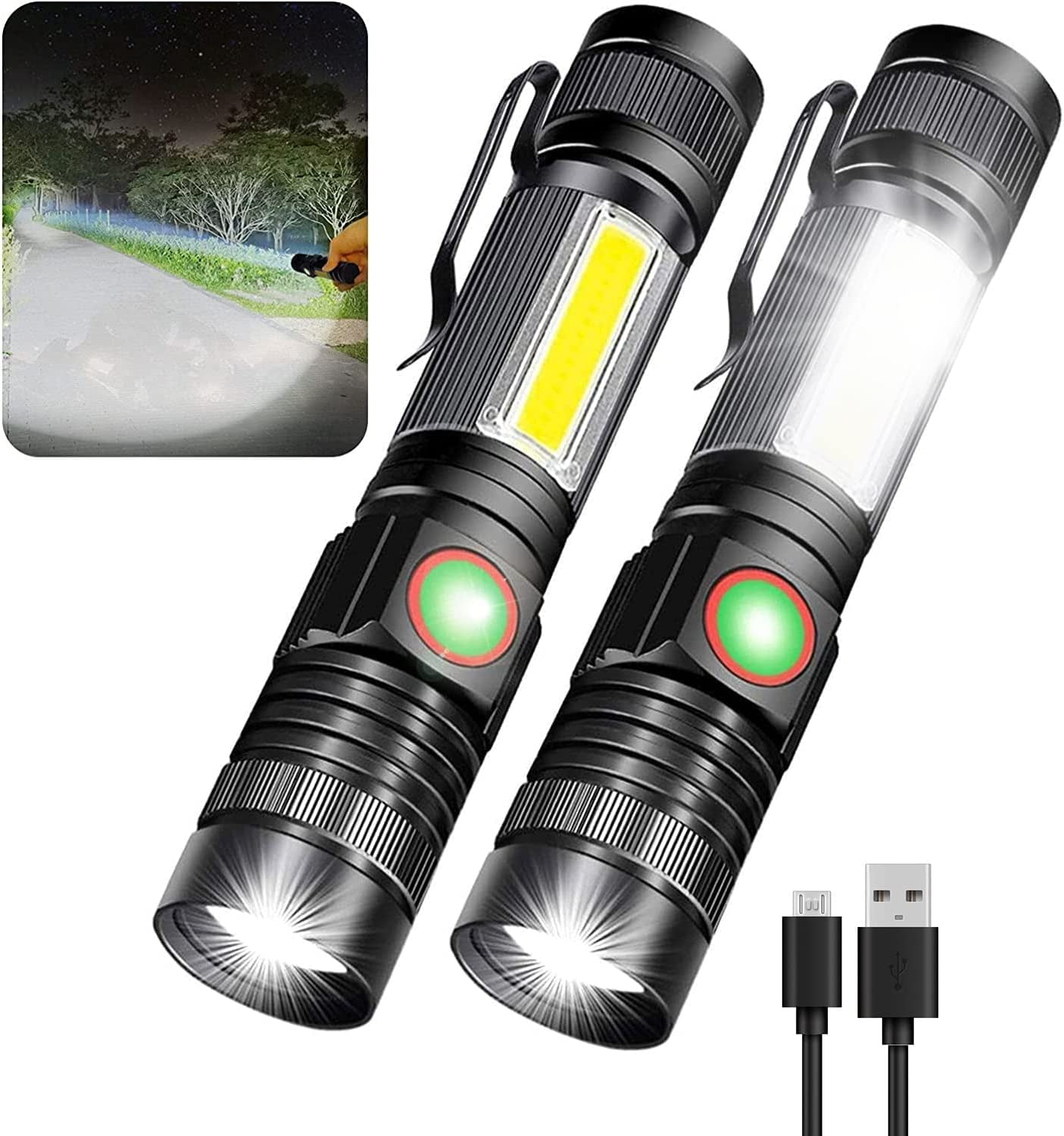 2pcs Battery Powered Small Flashlight, Magnetic LED Flashlight, 10000  Lumens Super Bright with COB Work Light, Waterproof, Zoomable Pocket  Flashlights for Camping Emergency 2 Pack