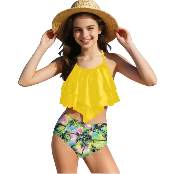 CYRBOKO Girls Swimsuit Sets, Quick-dry Two Pieces Beach Summer Tankinis and Brifes Yellow Size 7-8 T