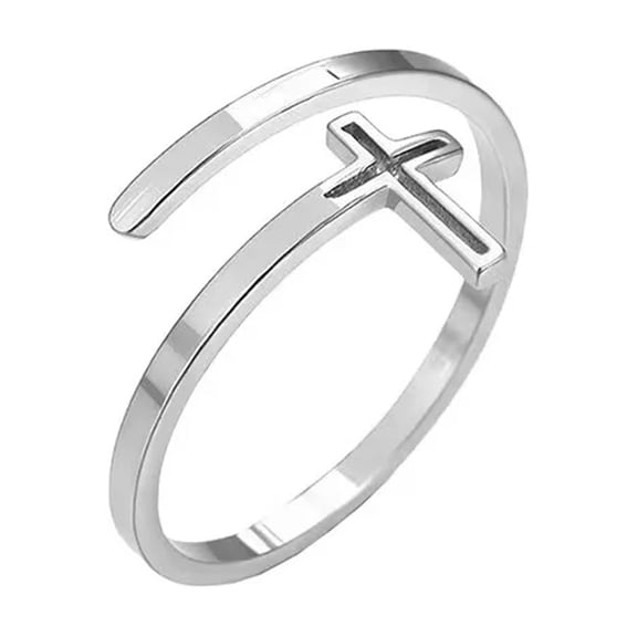 PAMTIER Adjustable Open Cross Ring for Women Stainless Steel Band Minimalist Faith Religiou Jewelry Silver