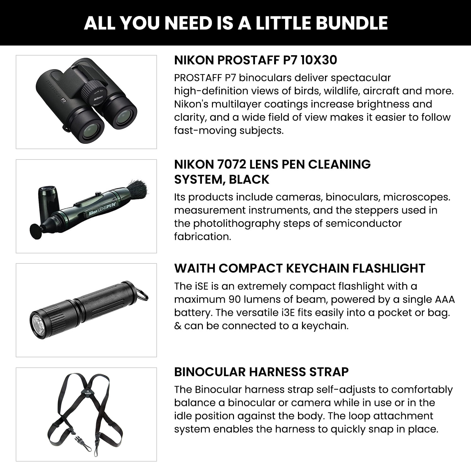 Nikon PROSTAFF P7 10x30 Binoculars With Lens Pen, Waith Harness, & Flashlight Kit