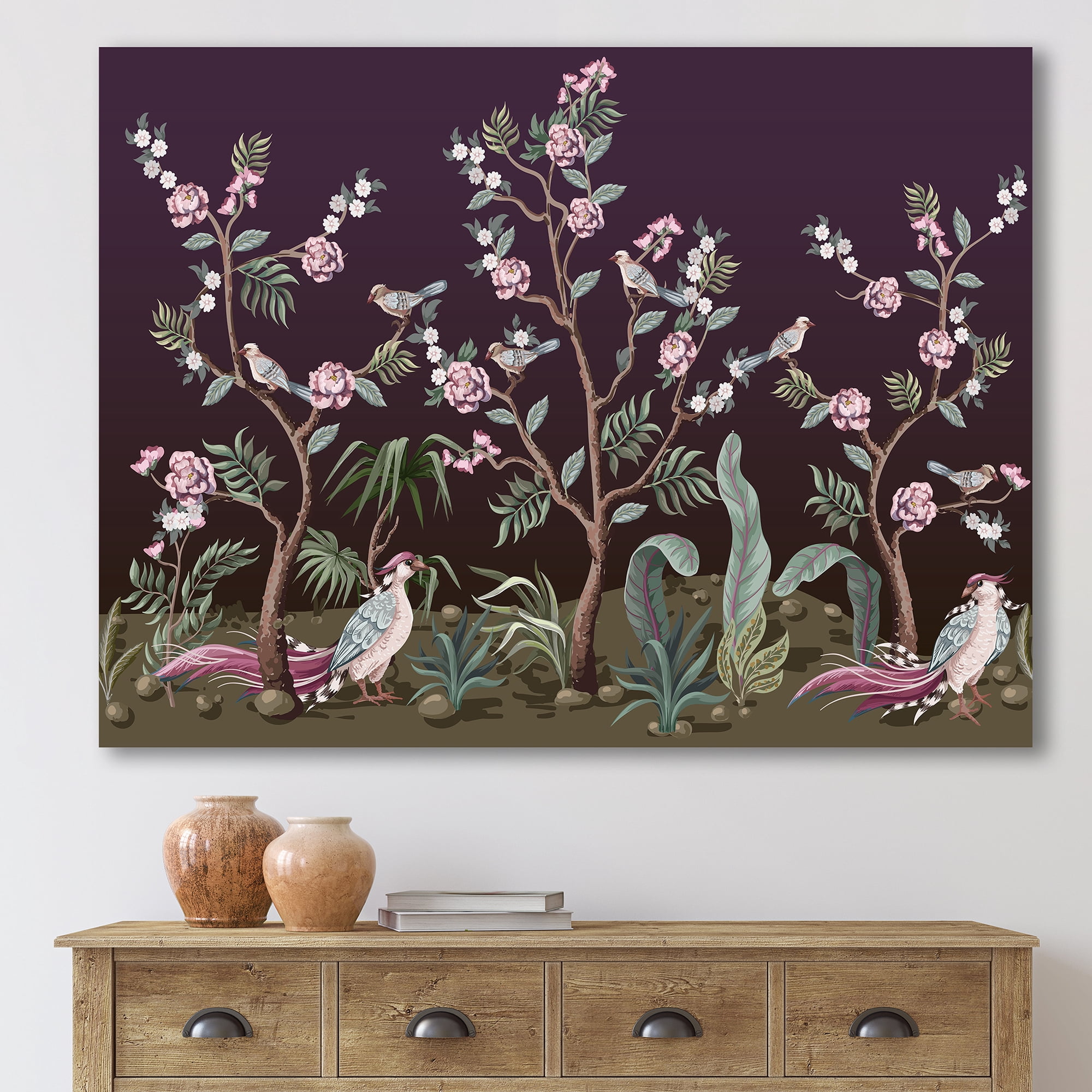 Chinoiserie With Peonies and Birds I 32 in x 16 in Painting Canvas Art Print, by Designart
