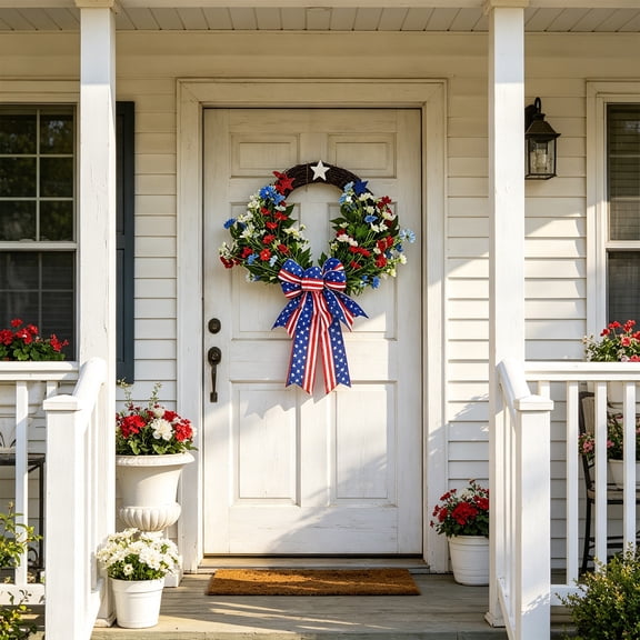 4th of July Patriotic Floral Wreath,Red White Blue Wildflower Wreath with Flag Bow,Independence Day Farmhouse Front Door Decor,Twig Base Wreath with Glitter Stars for Porch,Wall,Home,17.7 Inch