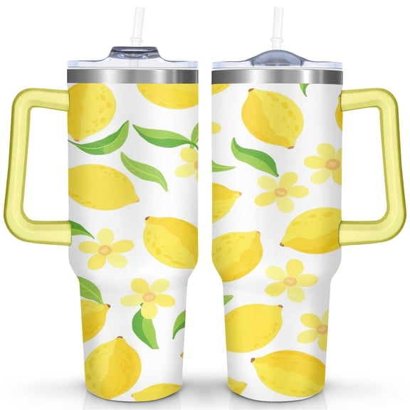 40 oz Tumbler Lemon with Handle Vacuum Insulated Water Bottle SpillProof Cup Car Cup Holder Friendly for Gym Travel Office