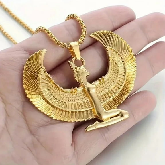 Exquisite Ancient Egyptian Goddess Spread Wings 14K Yellow Gold Pendant Necklace Women Fashion Hip Hop Punk Amulet Jewelry Gift