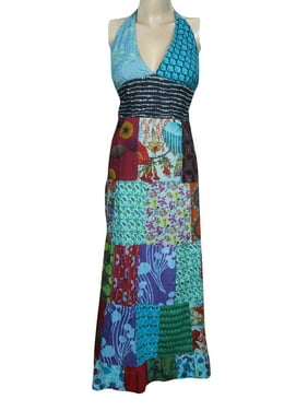 Mogul Womens Summer Cotton Patchwork Dress Floral Print Deep V Neck Boho Chic Sundress S/M