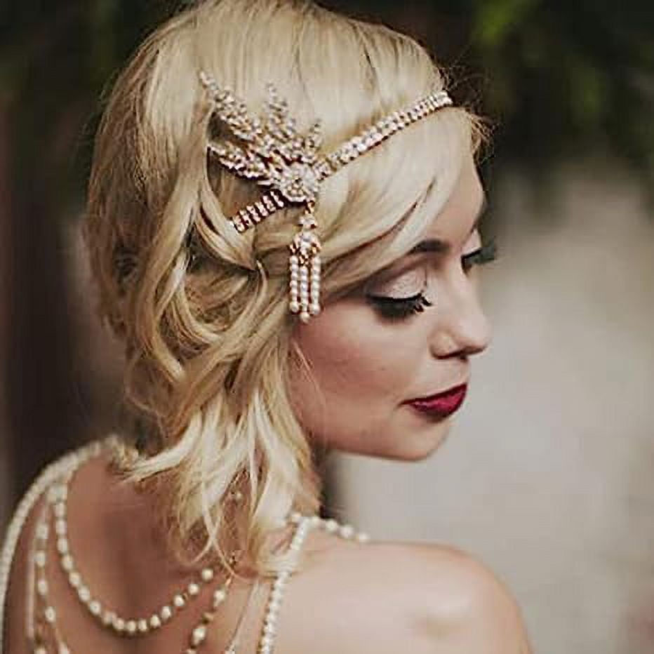 1920 s Flapper Headband Leaf Rhiestones Gatsby Headpiece Pearl Tassel Bride Wedding Headdress Head Bands Bridal Flapper Hair Accessories Head Chain for Women and Girls Gold Walmart