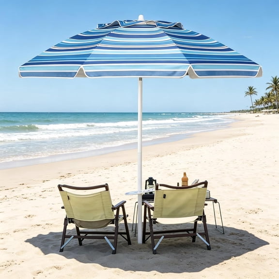 8 Ft Beach Umbrella with Tilt Pole Sand Anchor Carry Bag UPF 50 Sun Protection Air Vents Navy Blue and White