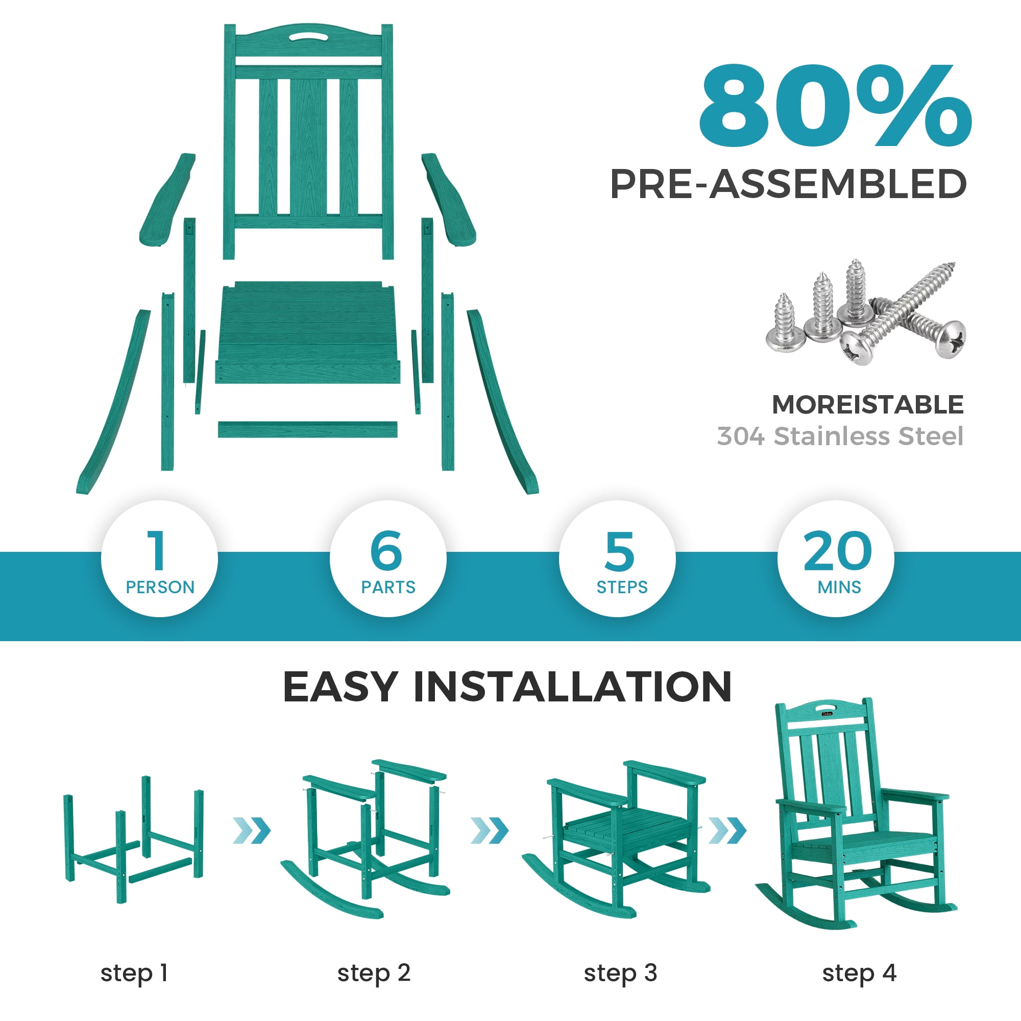 Oversized HDPE Outdoor Rocking Chair, All-Weather High Back Porch Rocker, Aqua