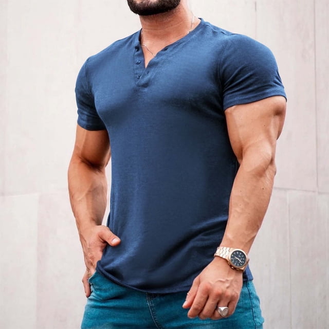 pstuiky camisetas para hombre, Blusas de cuello redondo, manga corta, transpirables, con botones y diseño informal para hombre ropa de hombre s