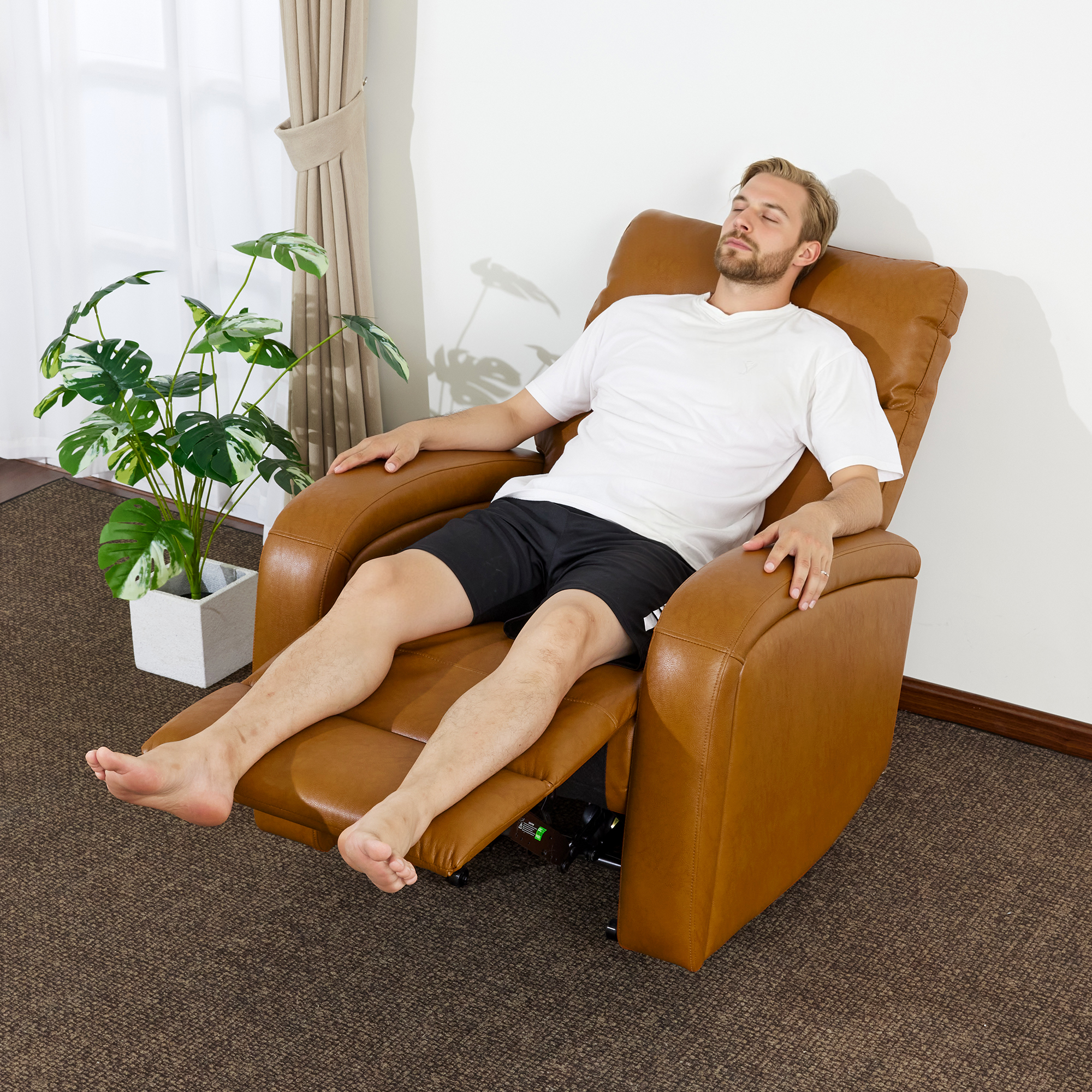 MCombo Zero Wall Hugger Power Recliner Chair for Small Space, Living Room, RV, Cognac Brown