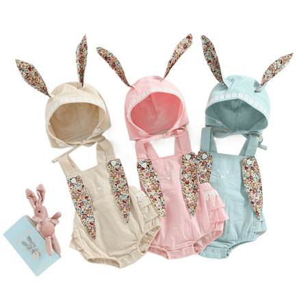 

Easter Outfits Baby Girls Romper Clothes Set Newborn Infant Floral Print Bunny Ear Jumpsuit+Hats Backless Overalls Pink 0-18M