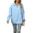 thumbnail image 2 of Female -Shirts Long Sleeve Banded Bottom Tops Business Casual Tops Collared V Neck Blouses Light Blue M, 2 of 9