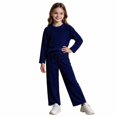 thumbnail image 2 of UKHCCC Girls Ribbed Knit 2 Piece Outfit Set, Long Sleeve Crew Neck Pullover Top and Wide Leg Pants, Casual Lounge Set, 2 of 8