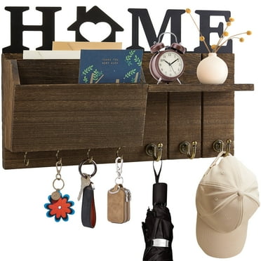 BUSATIA Key Holder for Wall, Mail Organizer for Wall Mount with Shelf,Hanging Key Rack Hanger with Hooks Decorative for Coats Home Letter Hat Dog Leash Entryway Shelves Decor,Tan