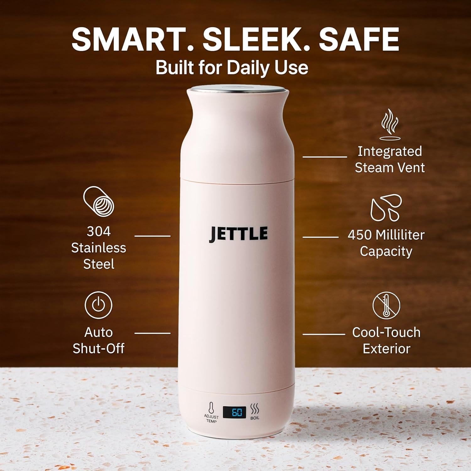 Jettle Travel Electric Kettle - 450ml Bottle-Style Top-Fill No-Spout Water Boiler for Tea & Coffee - Temperature Control, LED Display, Auto Shut-Off - Stainless Steel, 110V