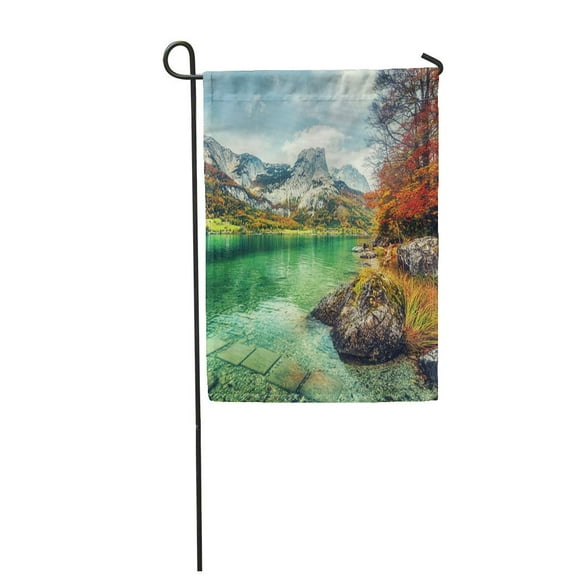POGLIP Wonderfull Alpine Landscape Awesome Austrian Alps Scenery Famouse Mountain Lake Garden Flag Decorative Flag House Banner 28x40 inch