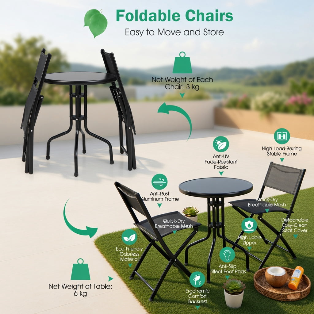 Hommoo 3-Piece Metal Folding Bistro Set, Round Tempered Glass Table + 2 Ergonomic Foldable Chairs for Patio, Garden & Indoor Use, Black