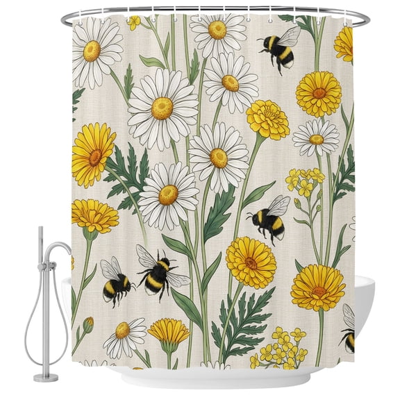 Small Stall Shower Curtain 36x78 Inch Narrow Half Size Summer Floral Bath Curtains Bathroom Decor, Daisy Bee Wildflower Blossom Rustic Waterproof Fabric Shower Curtain Set with Hooks 36 Inch