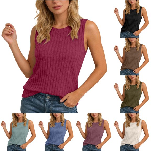 Knit Sleeveless Top Casual Round Neck Camisole Soft Stretch Basic Solid Color Tank For Everyday Wear, S, Red