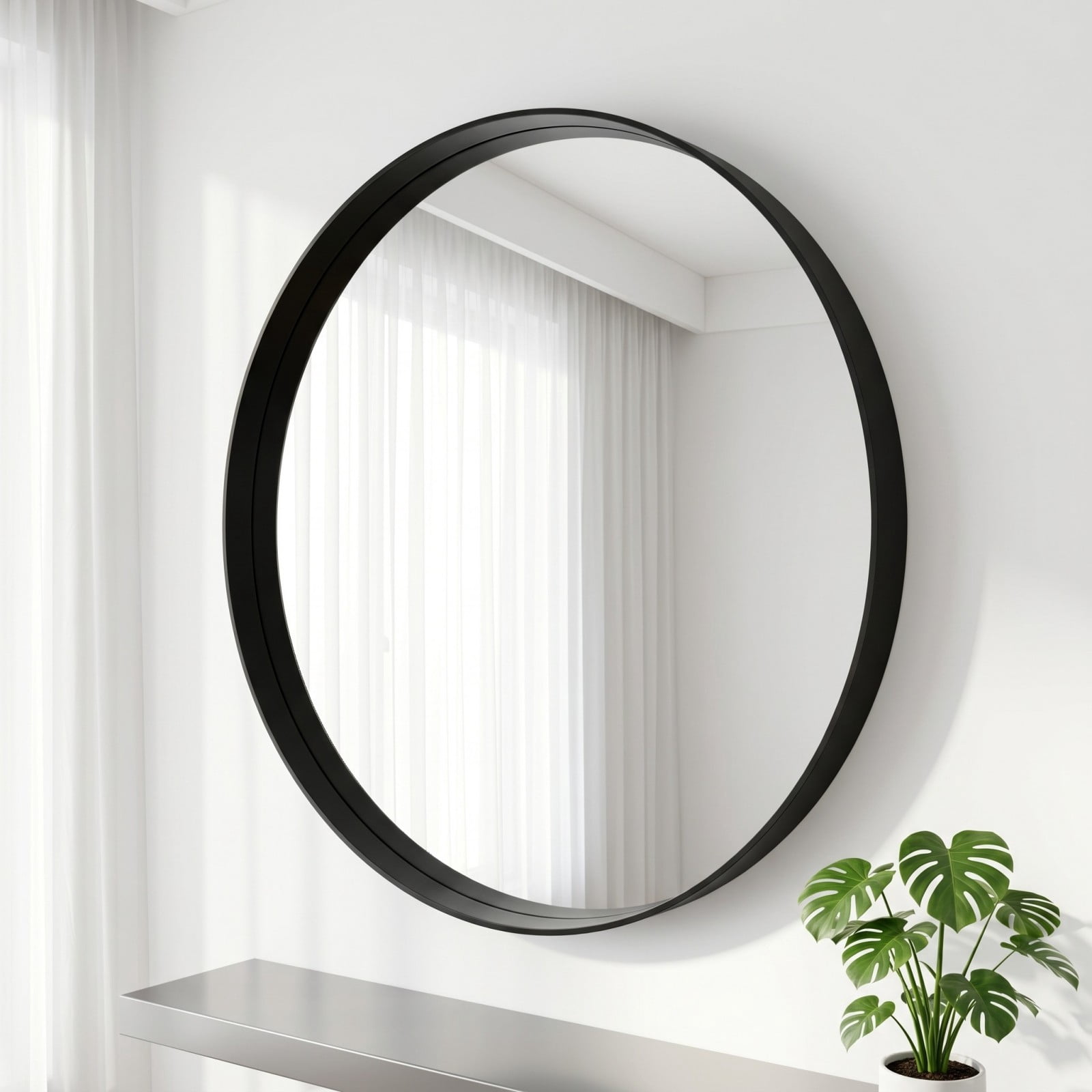 GRAHMCY 30" Round Bathroom Mirror Vanity Wall Mounted Mirror with Deep Frame, Black