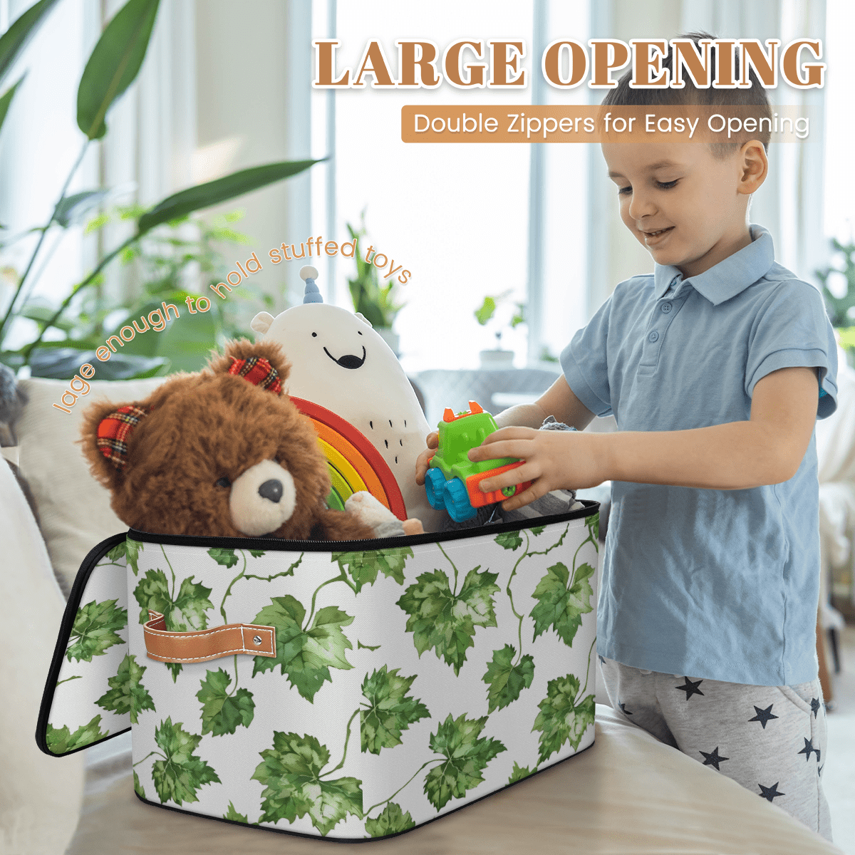 CURLYOOT Grapes Leaves Fabric Storage Bins with Lids, Watercolor Plant Leaves Foldable Storage Boxes Washable Storage Cube, Closet Bedroom Home Organizer Containers with PU Leather Handles