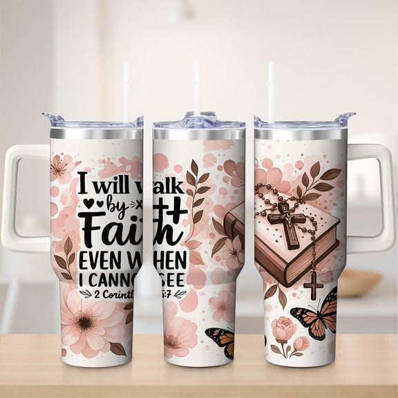 Floral Religious Motif Stainless Steel Insulated Mug with Lid and Handle, 30oz