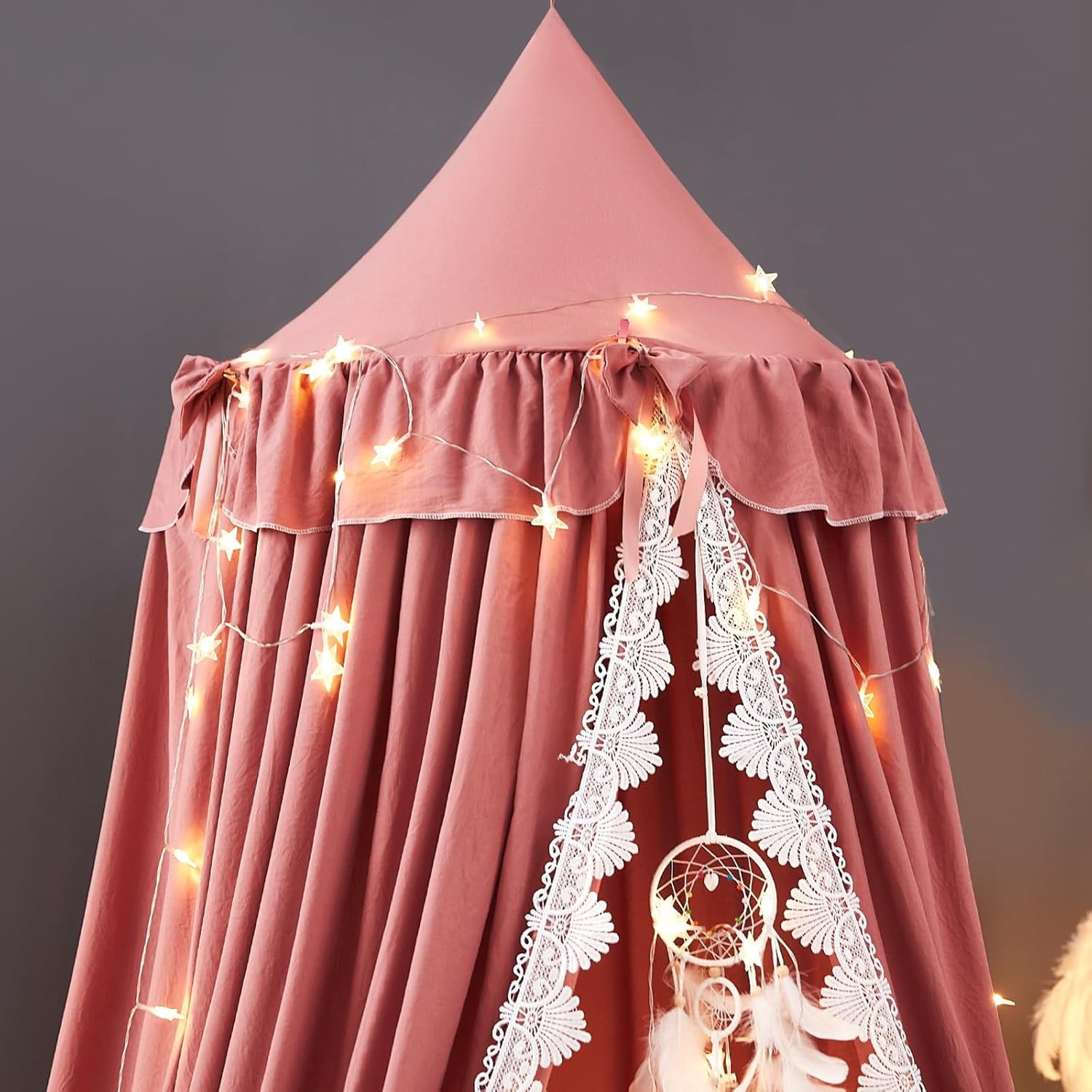Bed Canopy for Girls, Ruffled Soft Pink Princess Canopy Dreamy Bow Decor, Bed Canopies for Kids Room, Hanging Canopy Bedding Drapes Toddler Reading Nook Play Tent (Red Bean)