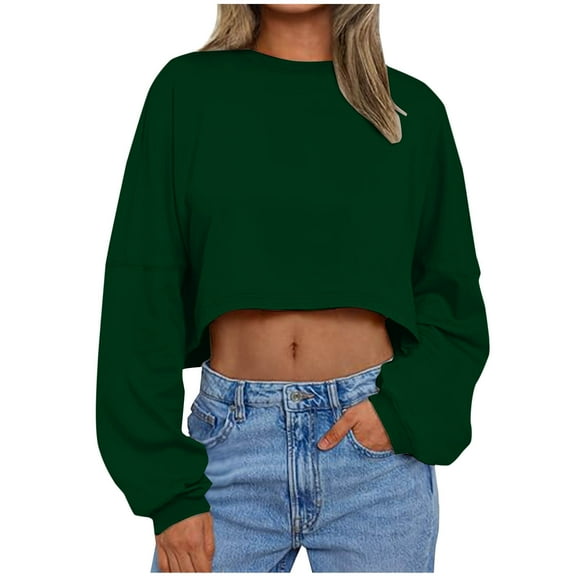 Women's Cropped Sweatshirt Casual Long Sleeve Crop Top Crew Neck Oversized Sweatshirt Army Green 2XL