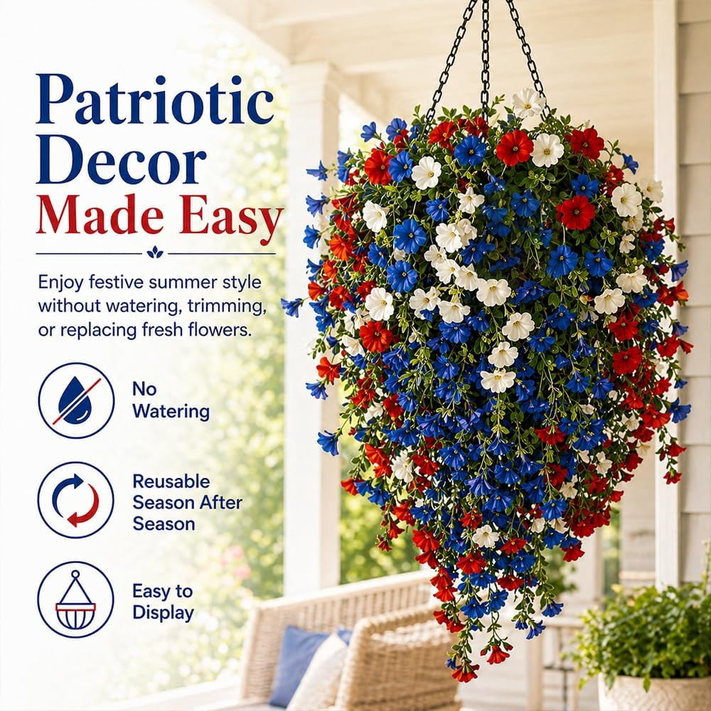 4th Of July Decoration Tricolor Patriotic Artificial Flower - Red White Blue UV Resistant Realistic Artificial Fake Hanging Silk Flowers for Memorial Day Independence Day (2Pcs With Solar LED lights)