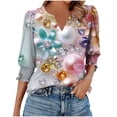 thumbnail image 2 of JTZGDY Blouses for Women Dressy Casual V Neck Boho Floral Printed 3/4 Smocked Cuff Sleeve Womens Tops Trendy Summer Graphic T-Shirts Pink S, 2 of 7