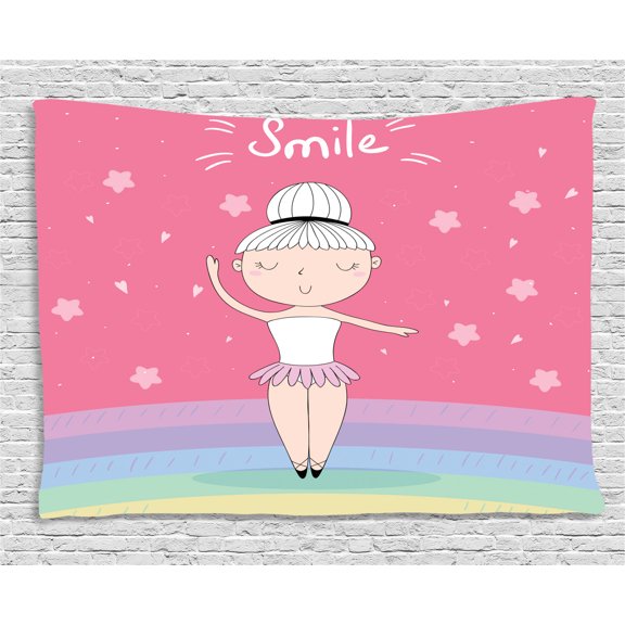 Kids Girls Tapestry, Hand Drawn Little Ballerina Girl Doing Pique Turns on a Rainbow Colored Stage, Wall Hanging for Bedroom Living Room Dorm Decor, 60W X 40L Inches, Multicolor, by Ambesonne