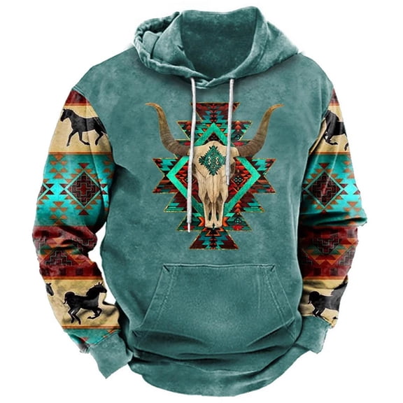 Blczomt Drawstring Men Hoodie Western Plain Hoodie Blue Pullover Aztec Winter Fashion