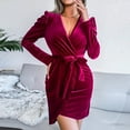 thumbnail image 2 of Womens Wrap V Neck Long Sleeve Velvet Bodycon Ruched Cocktail Party Dress Tie Waist Solid Color Short Mini Dress, 2 of 6